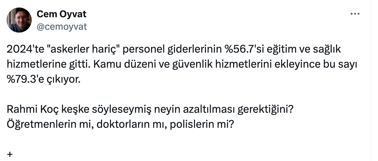 2024'te "askerler hariç" personel giderlerinin %56.7'si eğitim ve sağlık hizmetlerine gitti. Kamu düzeni ve güvenlik hizmetlerini ekleyince bu sayı %79.3'e çıkıyor. 